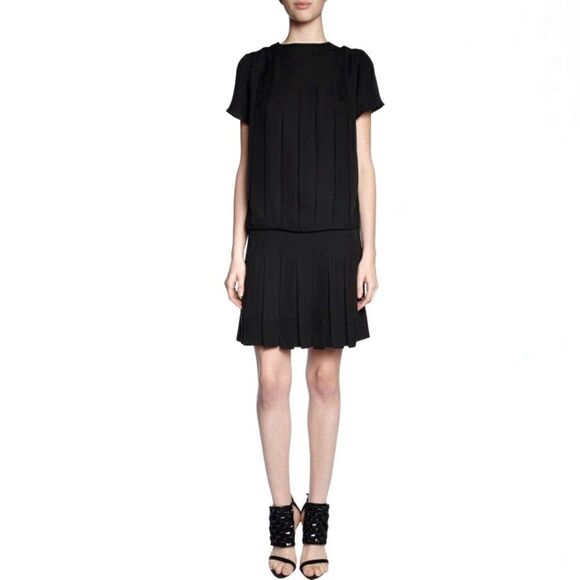 Proenza Schouler NWOT Pleated Silk Drop Waist Mini Dress in Black Size 8 - Picture 1 of 12